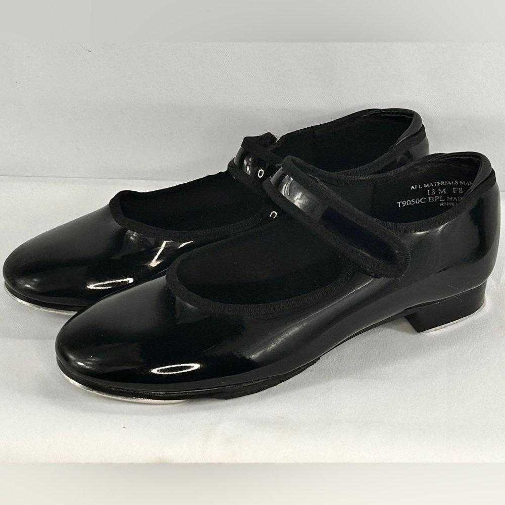 Girls theatrical black, patent, leather, easy strap tap shoes, size 13